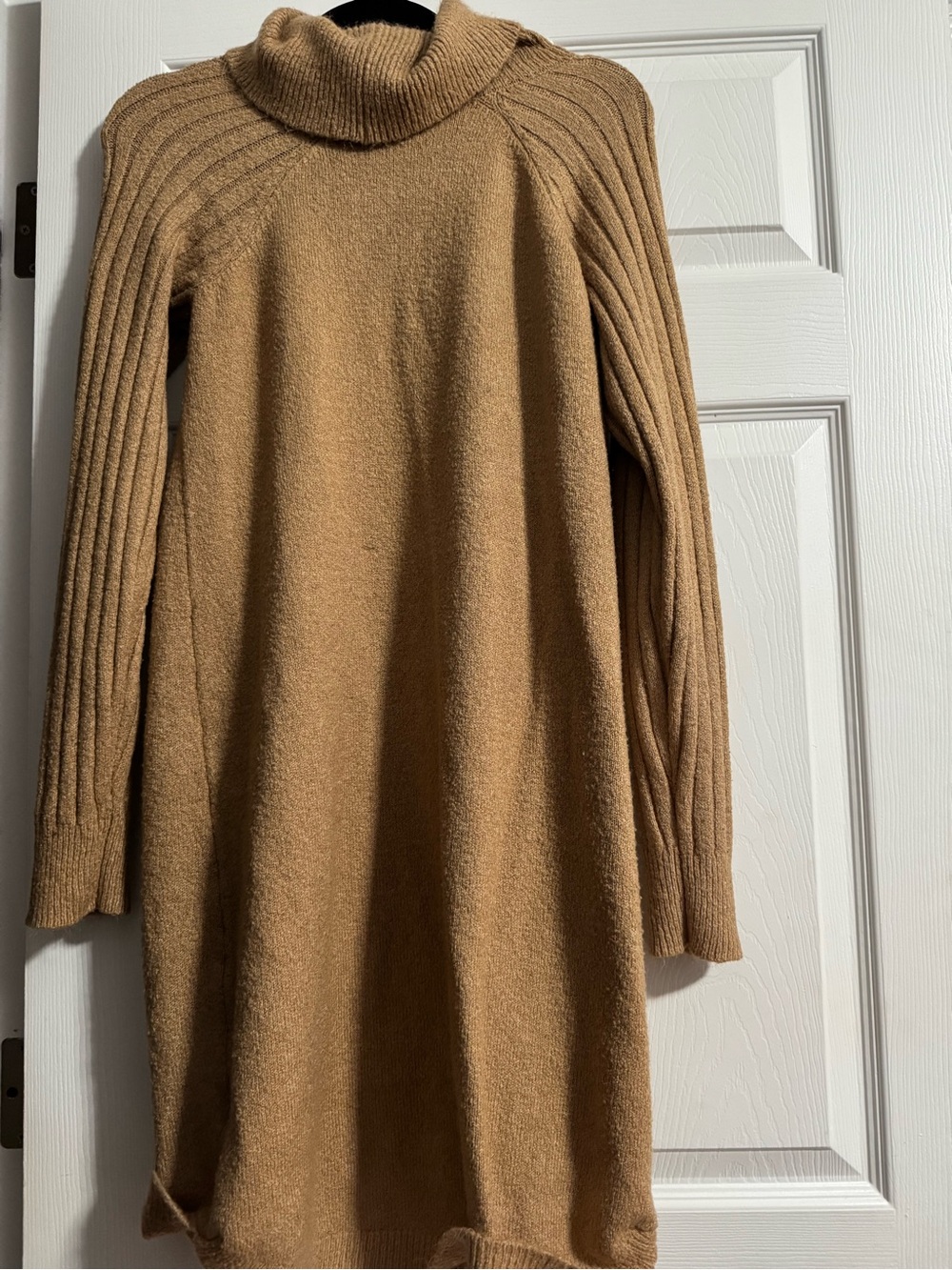 Camel Turtleneck Sweater Dress – Long Sleeve Ribbed Knit